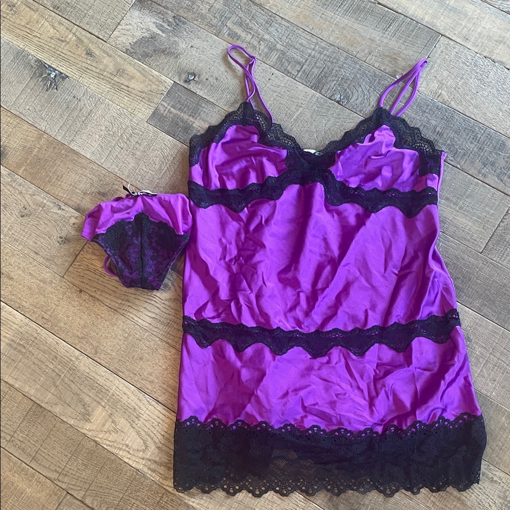 Victoria's Secret Purple Chemise with Black Lace Trim and Matching Panty